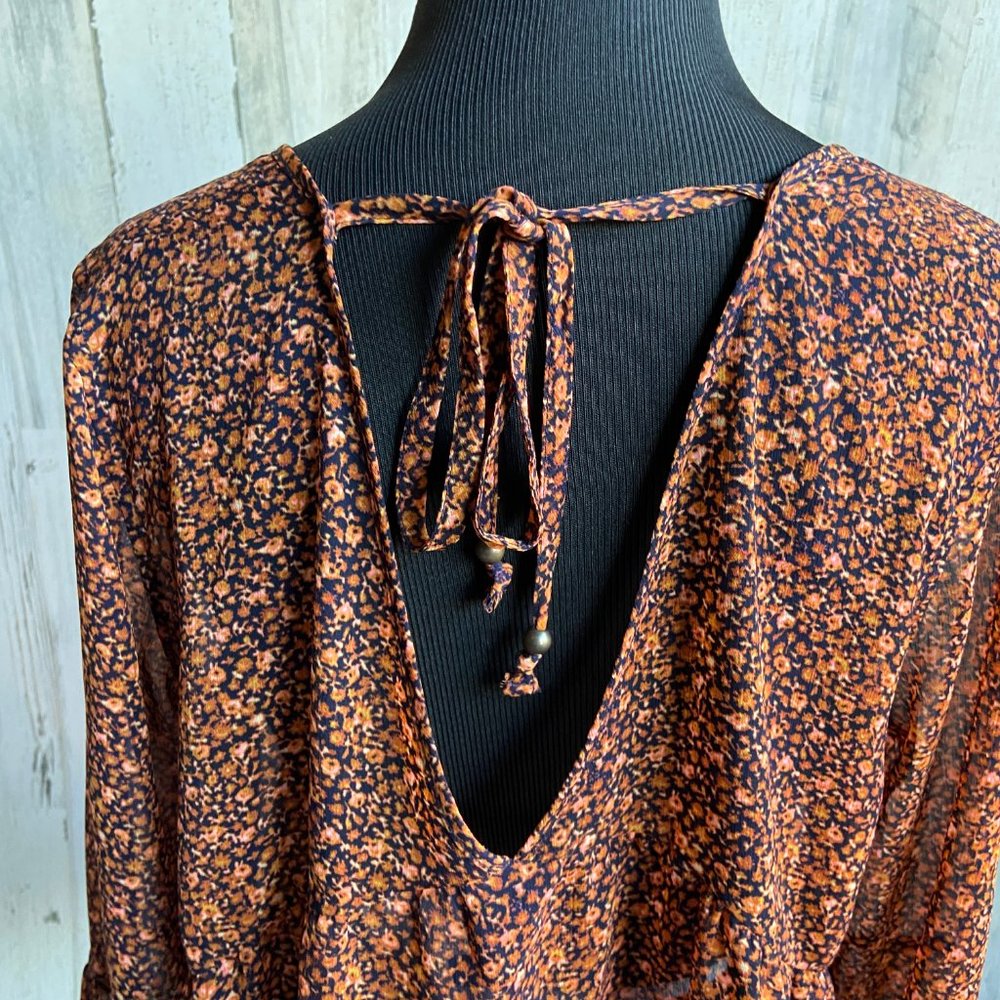 Mossimo Size Medium Sheer Chiffon Print Blouse Tie Back Long Sleeve Top - Picture 7 of 8